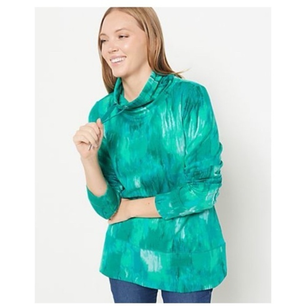 Green Brushstroke Cowl-Neck French Terry Hoodie Pullover – Cozy Knit GUC 1X #698